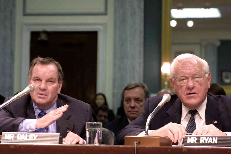 Daley (left) testifies on Capitol Hill in March 2002, during a Senate Commerce Committee hearing on the expansion of O'Hare International Airport. Then-Illinois Gov. George Ryan (right) and Sen. Richard Durbin (D-IL, center) look on. 