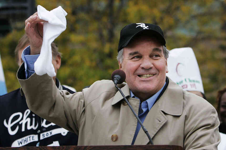 Daley, an avid Chicago White Sox fan, holds up a pair of white socks during a news conference announcing the traditional mayoral bet between World Series cities in 2005. The White Sox beat the Houston Astros to win the Series for the first time since 1917. 