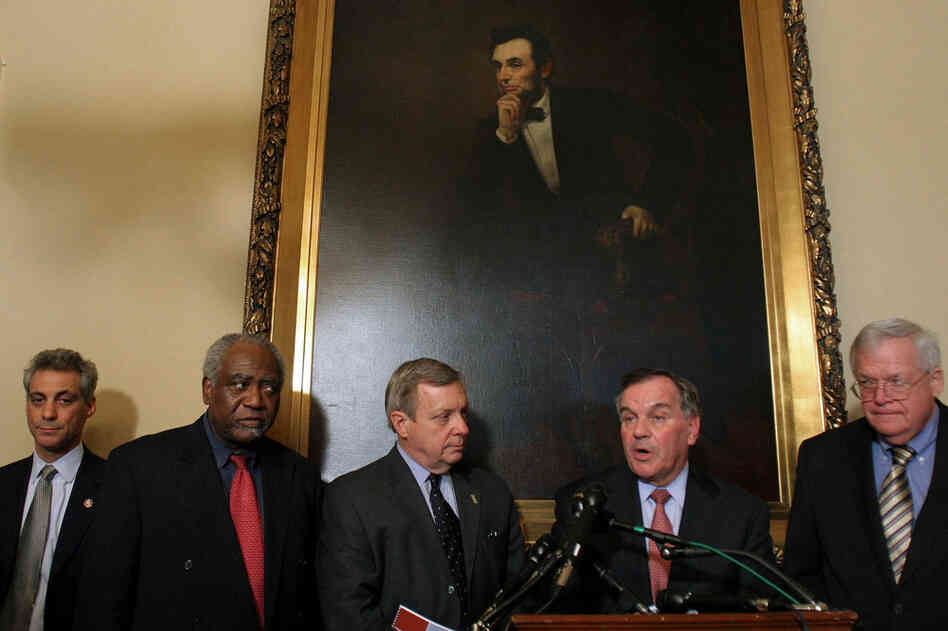 Then-Illinois Rep. Rahm Emanuel (far left) joins the mayor (second from right) and other Illinois lawmakers (from left: Rep. Danny Davis, Sen. Dick Durbin and Rep. Dennis Hastert) to discuss Chicago's Olympic bid in April 2007 on Capitol Hill. Emanuel will succeed Daley on May 16. 