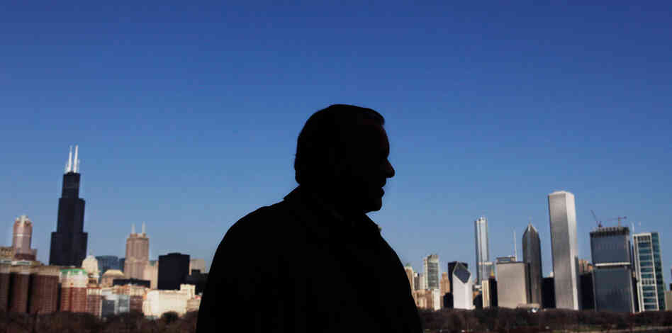 Daley is silhouetted against the Chicago skyline in this March 2009 portrait. 