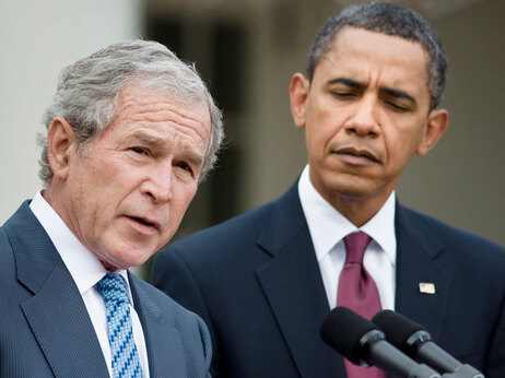 President Barack Obama listens as former president George W. Bush speaks in January. President Barack Obama listens as former president George W. Bush speaks in January.