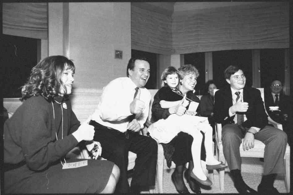 Surrounded by family, the younger Daley, then a Democratic mayoral candidate, watches primary returns in February 1989. 