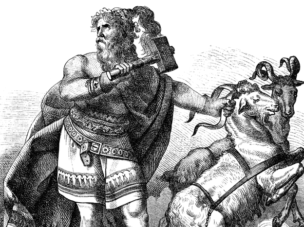 The Norse thunder god Thor, with his two goats.
