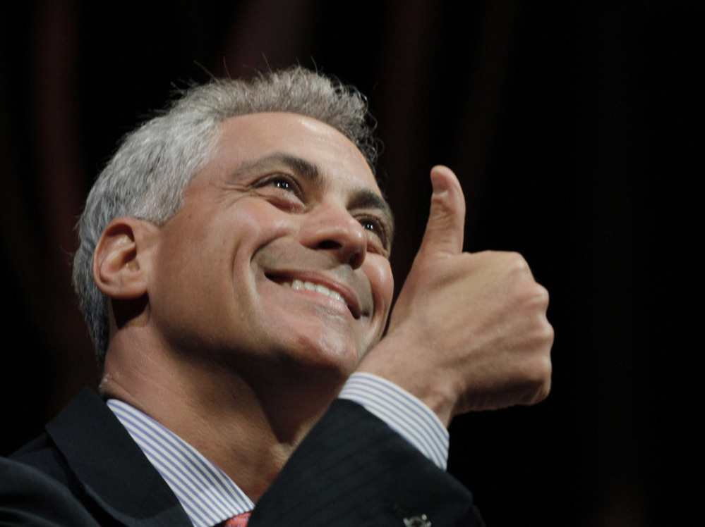 Rahm Emanuel gives the audience a thumbs up at a Chicago discussion about the impact of the arts on economic development, April 27, 2011.