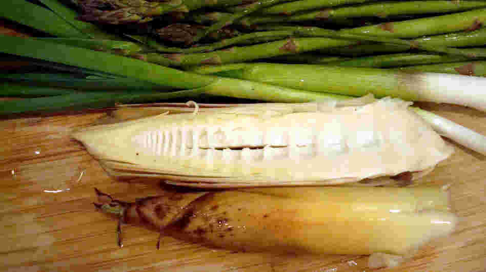 Bamboo shoots (bottom) with seasonal asparagus and green garlic