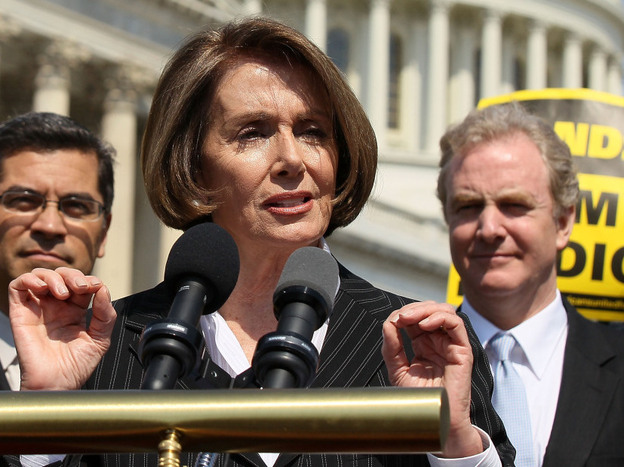 House Minority Leader Nancy Pelosi (D-CA), shown with Reps. Xavier Becerra (D-CA, left) and Chris Van Hollen (D-MD), speaks at an April news conference on Capitol Hill. Pelosi says the Republicans' Medicare plan is a political boon to her party.