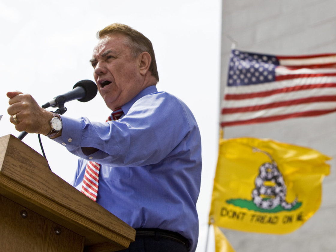 Former Wisconsin Gov. Tommy Thompson addresses a Tea Party rally, April 15, 2010, in Madison, Wis.