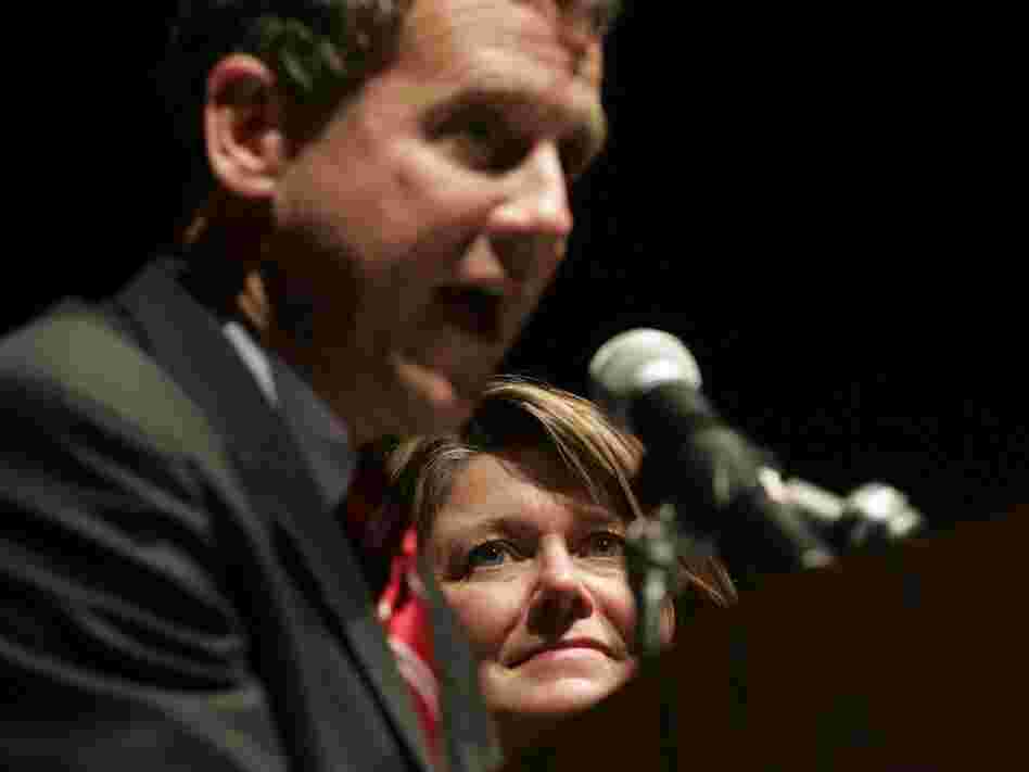 Connie Schultz, a Pulitzer Prize-winning journalist, watches as her husband, Ohio Democrat Sherrod Brown, gives his victory speech after being elected senator in 2006.