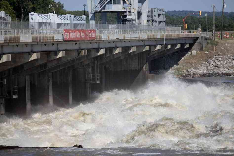 Water from the Mississippi River rushes through the Old River Control  Structure toward the Atchafalaya Basin in Concordia Parish, La. The gates were opened to help relieve rising floodwaters.