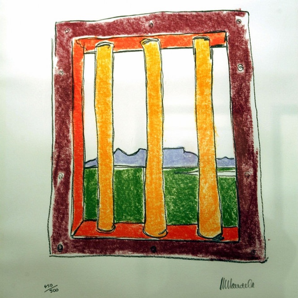 One of Mandela's artworks depicting his cell on Robben Island was exhibited at a Johannesburg gallery, May 31, 2005.