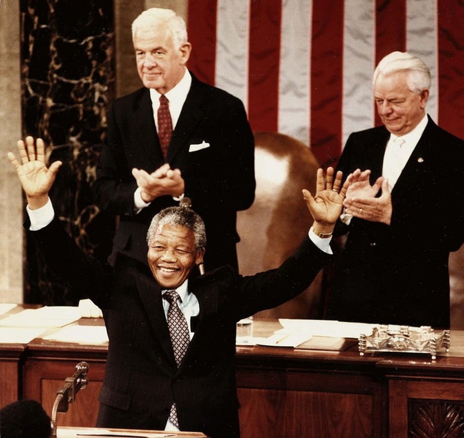 Mandela responds to applause following his address to Congress in Washington, D.C. on June 26, 1990. He was the third private citizen in history to address a joint session of Congress.