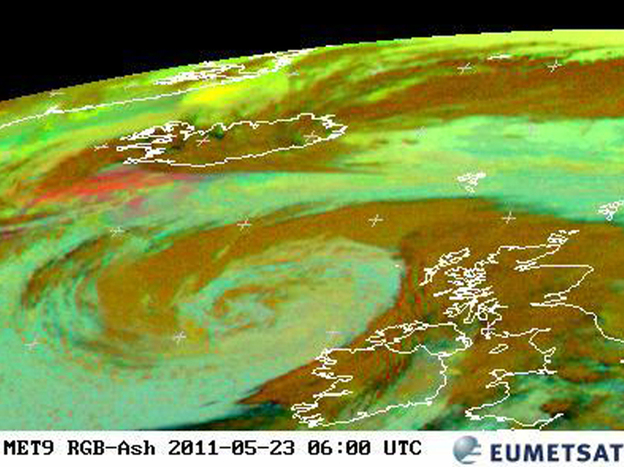 An image released by the the European Organization for the Exploitation of Meteorological Satellites earlier today (May 23, 2011) shows how the ash from Iceland (at top left) is heading toward Europe.