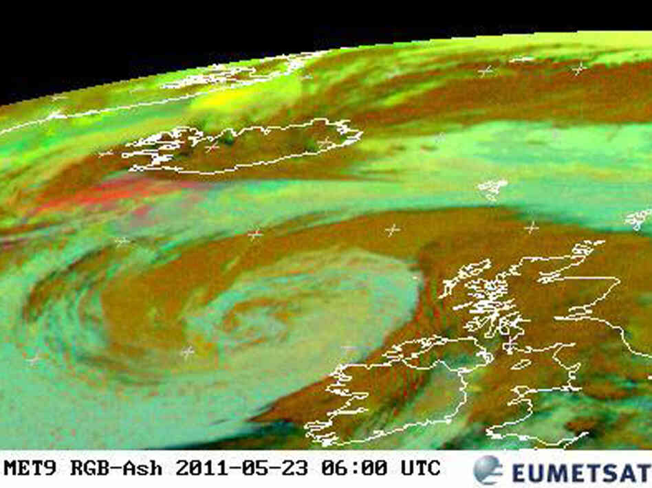 An image released by the the European Organization for the Exploitation of Meteorological Satellites earlier today (May 23, 2011) shows how the ash from Iceland (at top left) is heading toward Europe.