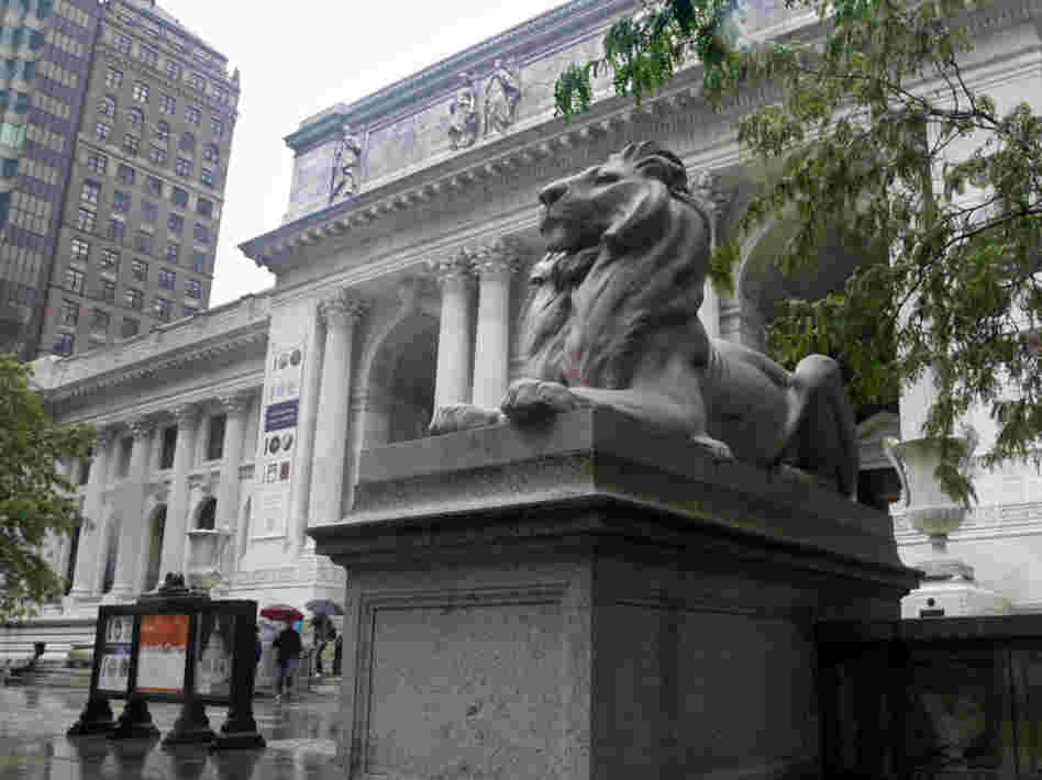 The marble lion "Fortitude," one of a pair created by Edward Clark Potter in 1911, is seen at the main entrance to the New York Public Library on May 20.