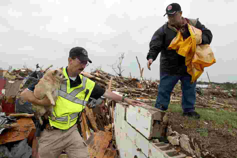 Deputy Eddy Mathews of Mayes County, Okla., hands off a dog to volunteer Mike Hughey of Ozark, Mo., after rescuers found the dogs in the rubble of a destroyed home. 