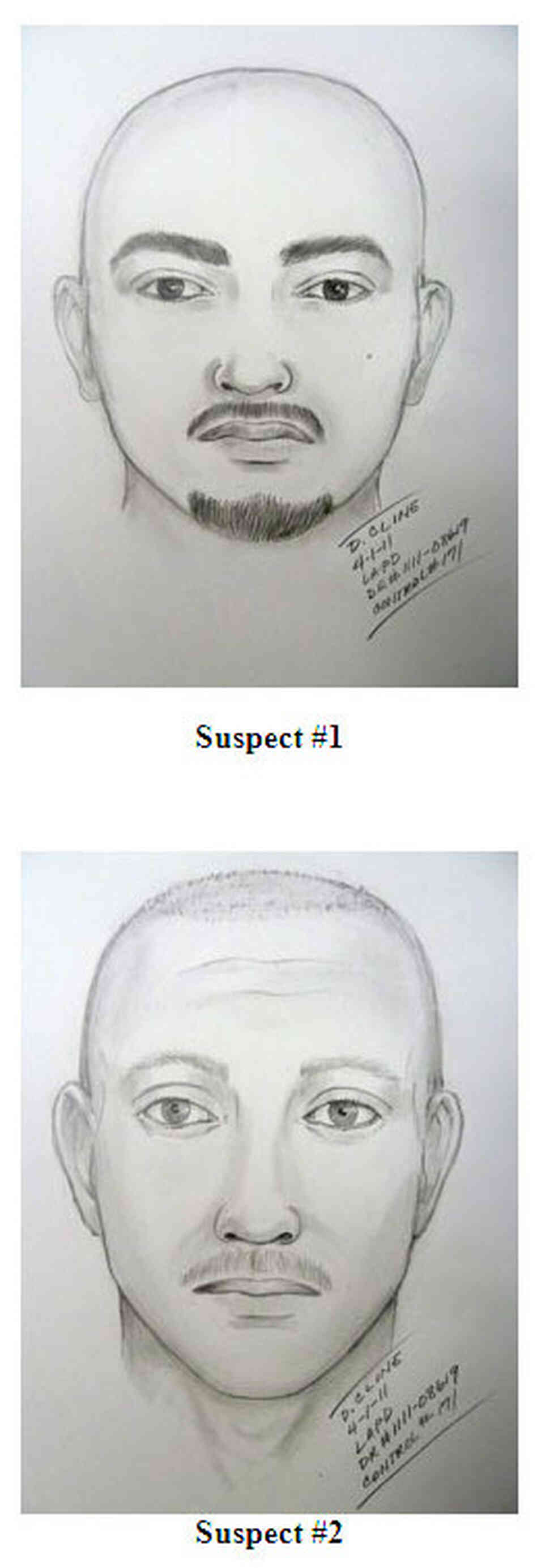 The Los Angeles Police Department released these drawings during a news conference Sunday (May 22, 2011), of two suspects in the beating of San Francisco Giants fan Brian Stow. The Los Angeles Police Department released these drawings during a news conference Sunday (May 22, 2011), of two suspects in the beating of San Francisco Giants fan Brian Stow.