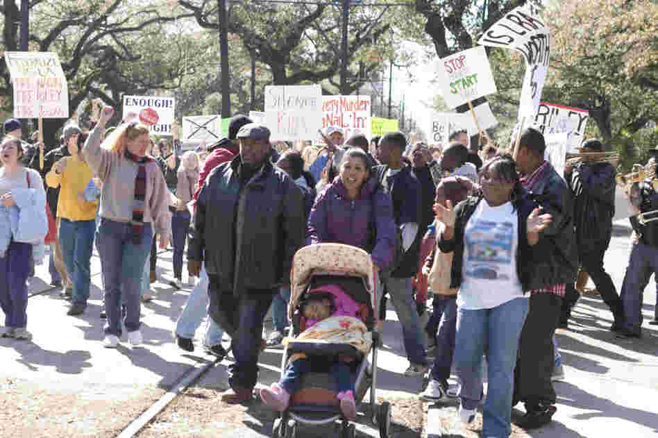 Antoine (Wendell Pierce) and Desiree (Phyllis Montana LeBlanc) march in a recreation of the Silence Is Violence parade in Jan. 2007.