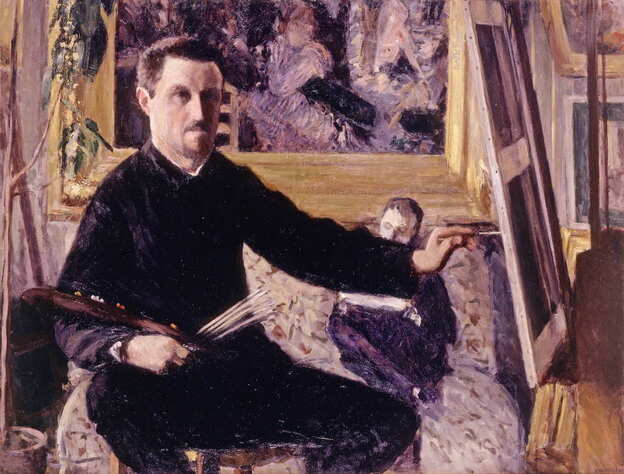 Caillebotte painted this self-portrait in 1879 at age 31. In the background, he has placed Dance at Le moulin de la Galette, painted three years earlier by his friend Pierre-Auguste Renoir. (See that painting by Renoir below.)