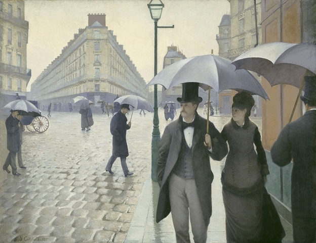 Impressionist paintings of Paris often depict a city full of sun-dappled  socialites: dancing, shopping, boating and schmoozing. But for painter  and art patron Gustave Caillebotte, Paris was a darker, lonelier place. His 1877 work, Paris Street; Rainy Day, shows Parisians making their way down a vast street on a dreary day. (Click enlarge to see the full painting.)