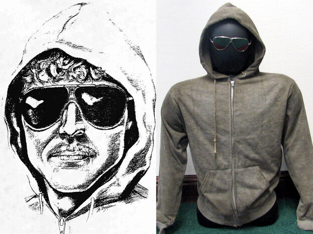 A composite shows the iconic sketch of Ted Kaczynski released by the FBI and, years later, his hoodie and sunglasses, now up for auction.