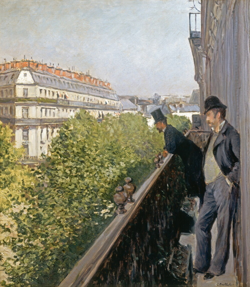 In Caillebotte's 1880 work, Un  Balcon, two men gaze down at Boulevard Haussmann below, yet still appear dwarfed by the street.