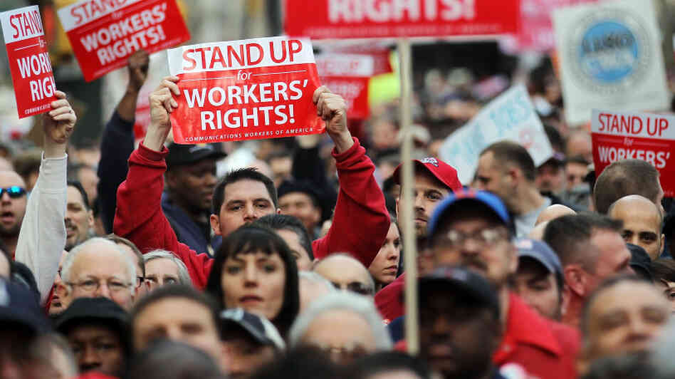 At a "We Are One" union rally in New York City marking the 43rd anniversary of the assassination of Martin Luther King Jr., protesters called for workers' rights in light of recent "anti-union" legislation in Wisconsin and Ohio. At a "We Are One" union rally in New York City marking the 43rd anniversary of the assassination of Martin Luther King Jr., protesters called for workers' rights in light of recent "anti-union" legislation in Wisconsin and Ohio.