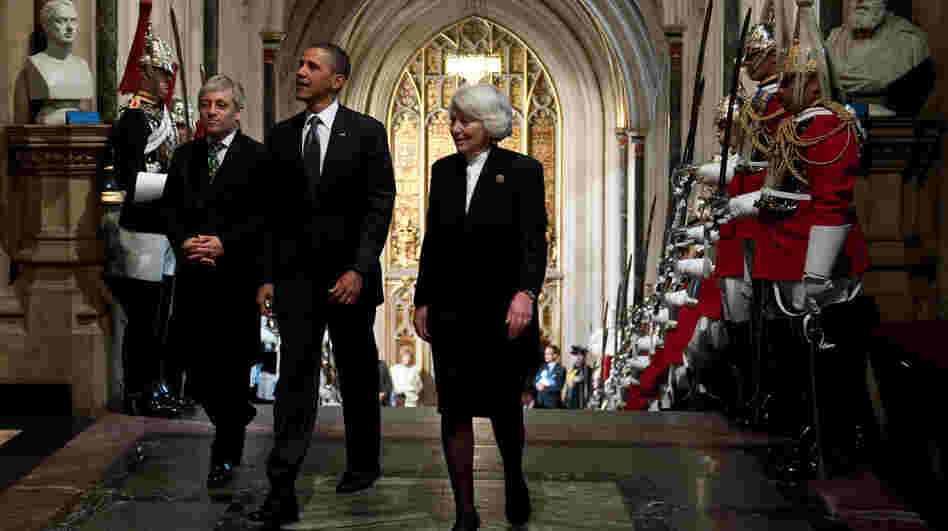 President Obama, accompanied by Commons Speaker John Bercow and Lords Speaker Baroness Helen Hayman, as he entered Westminster Hall.