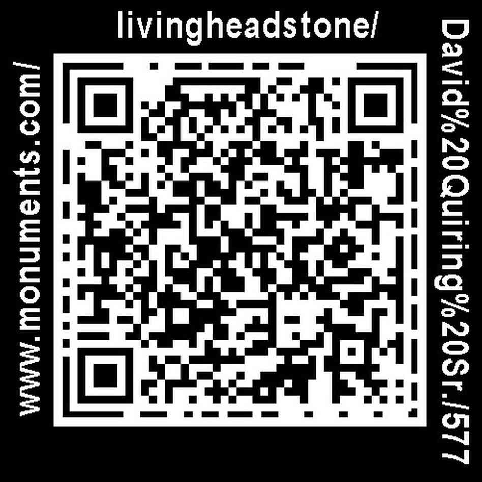 The QR code affixed to David Quiring Sr.'s tombstone. The QR code affixed to David Quiring Sr.'s tombstone.
