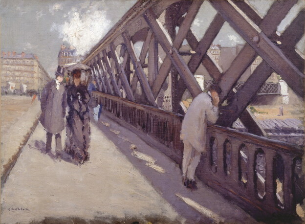 Many of Caillebotte's paintings depict the modernization of Paris. In his 1876 painting, Le Pont de l'Europe, pedestrians on a new bridge are engulfed by steel girders.