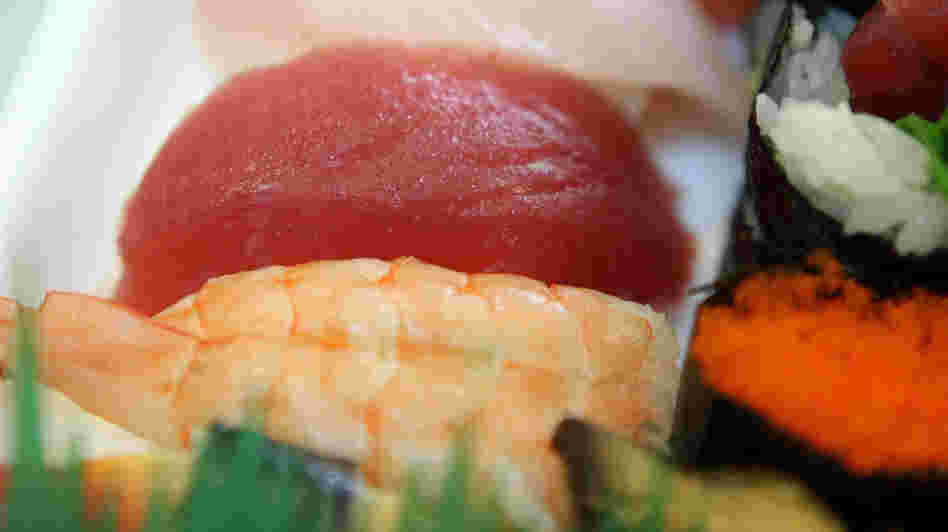 A chunk of bluefin tuna (center) at a sushi restaurant in San Francisco.
