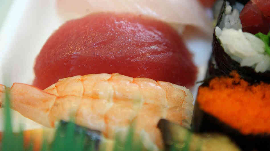 A chunk of bluefin tuna (center) at a sushi restaurant in San Francisco.