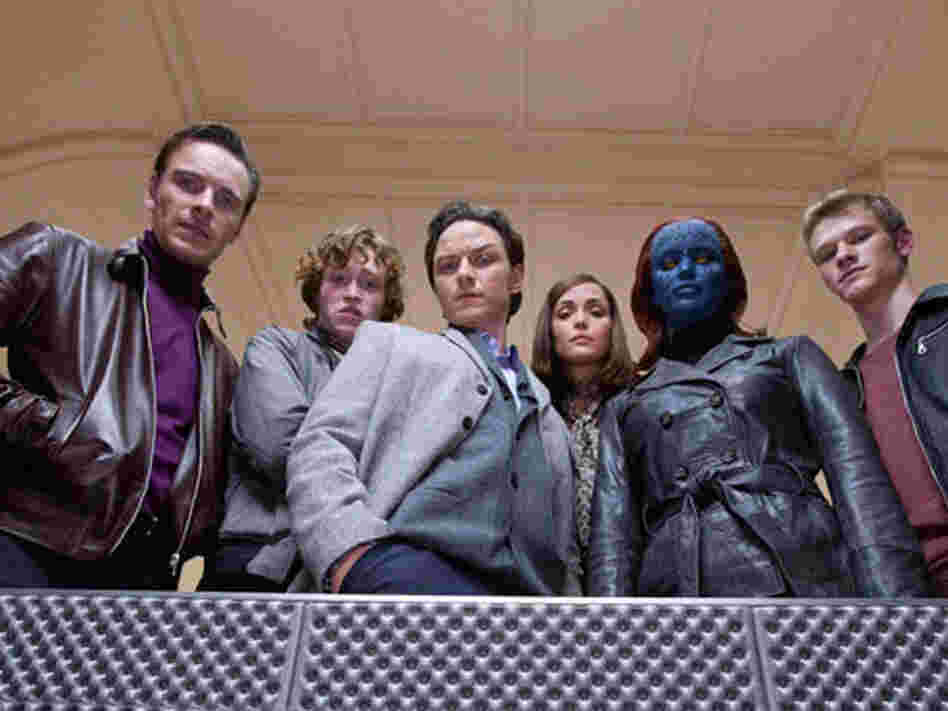 Fassbender (left), Caleb Landry Jones, James McAvoy, Rose Byrne, Jennifer Lawrence and Lucas Till are all mutants — but not always on the same side.