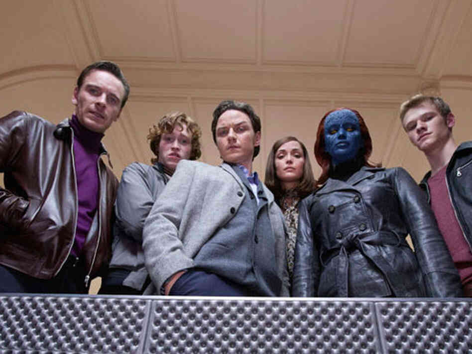 Fassbender (left), Caleb Landry Jones, James McAvoy, Rose Byrne, Jennifer Lawrence and Lucas Till are all mutants — but not always on the same side.