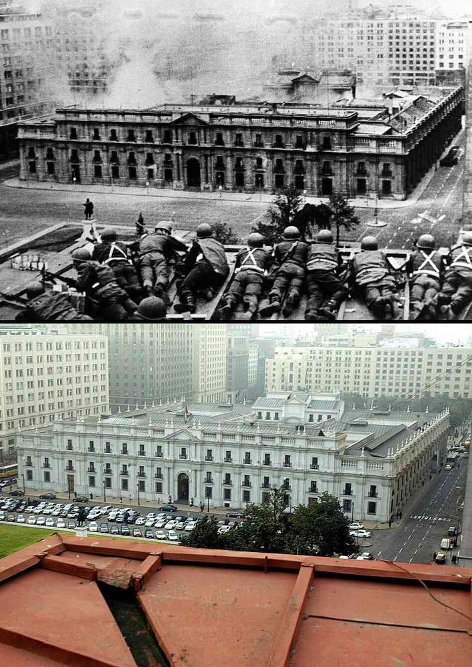 Above, Chilean troops fire on the presidential palace in Santiago during a coup led by Gen. Augusto Pinochet against President Salvador Allende. Below, the same place almost 30 years later.