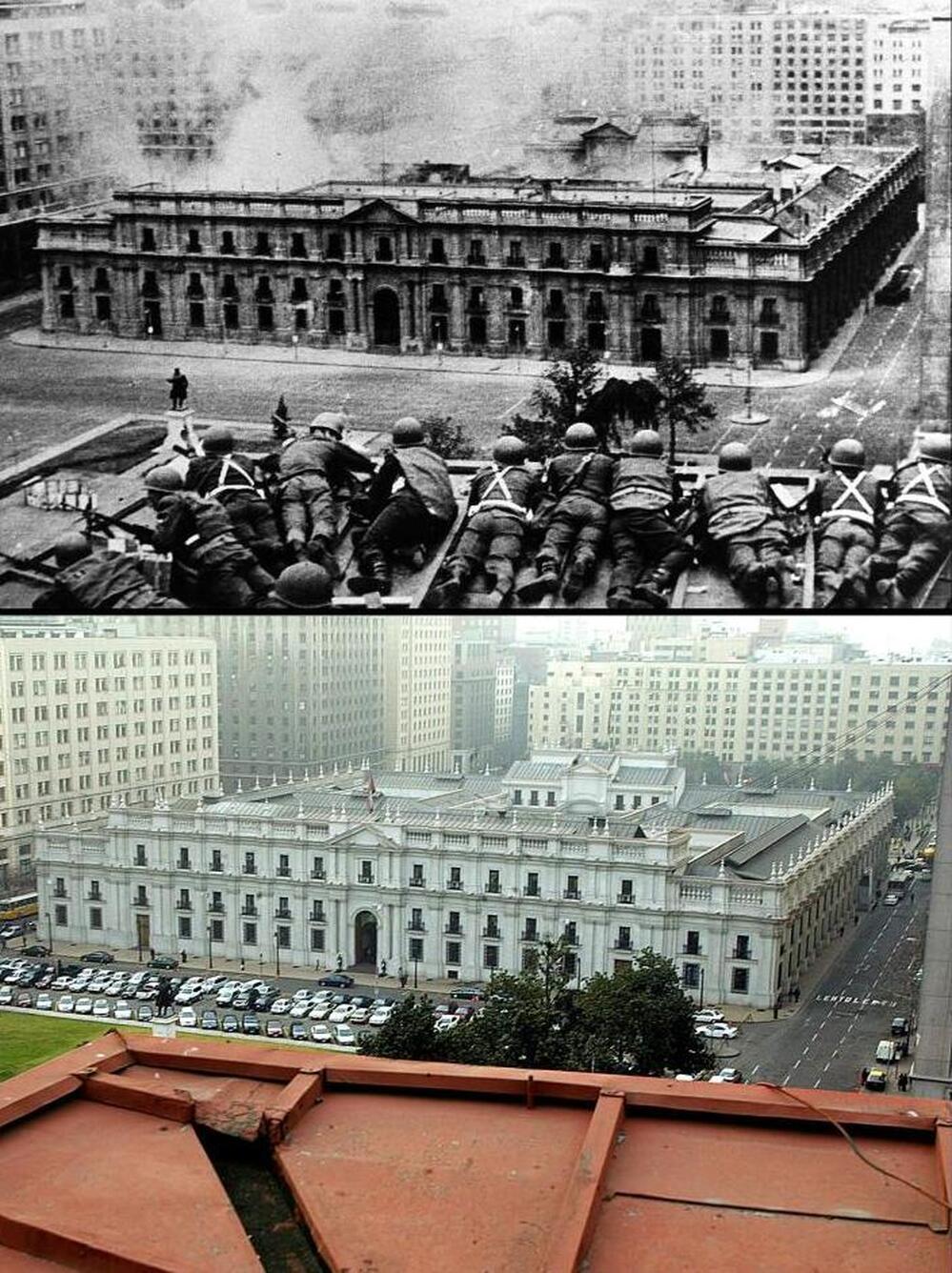 Above, Chilean troops fire on the presidential palace in Santiago during a coup led by Gen. Augusto Pinochet against President Salvador Allende. Below, the same place almost 30 years later.