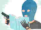 A man in a ski mask holds a gun and reads a book.