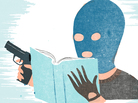 A man in a ski mask holds a gun and reads a book. A man in a ski mask holds a gun and reads a book.