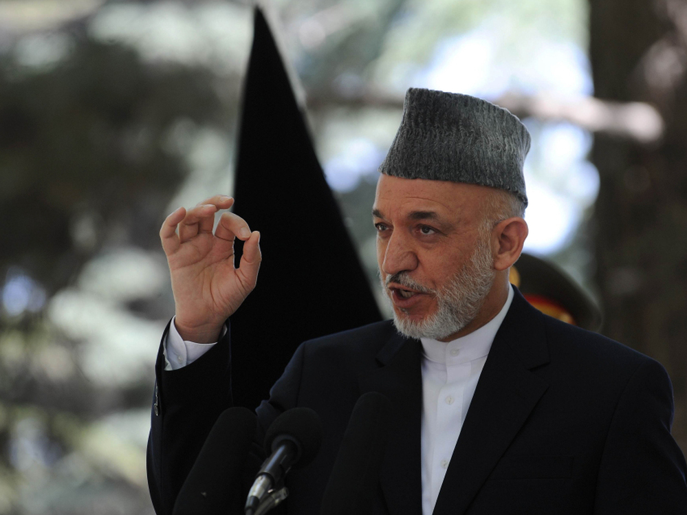 Afghan President Hamid Karzai speaking earlier today (May 31, 2011) at the Presidential Palace in Kabul.