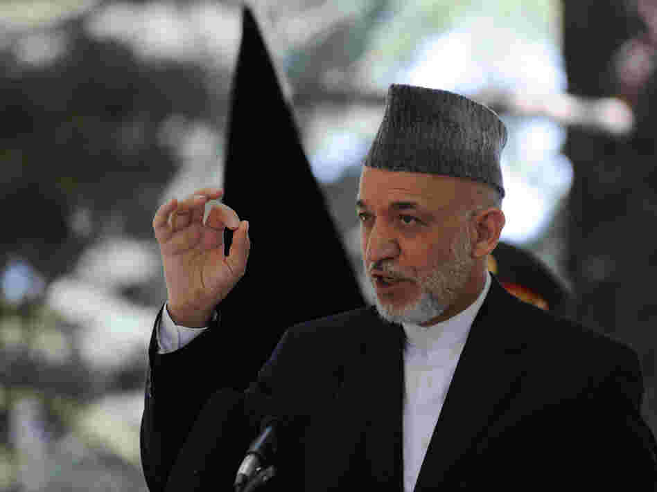 Afghan President Hamid Karzai speaking earlier today (May 31, 2011) at the Presidential Palace in Kabul.