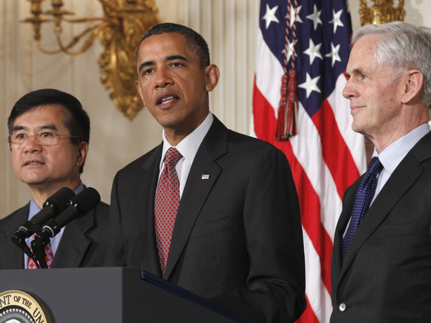President Obama with John Bryson (r), his Commerce Secretary nominee, right, and current Gary Locke, the current secretary, Tuesday, May 31, 2011.