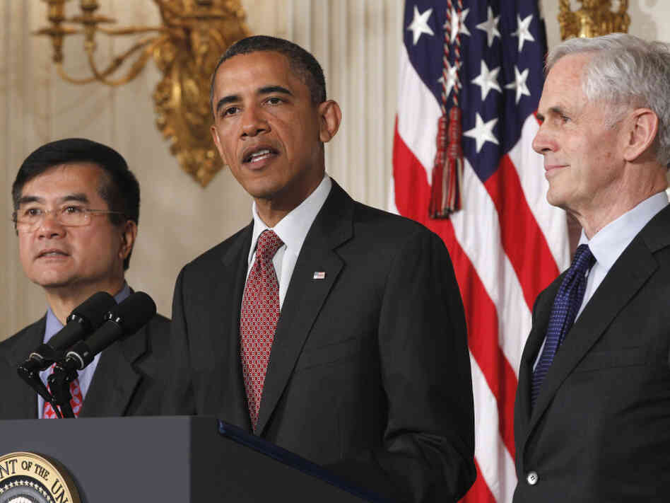 President Obama with John Bryson (r), his Commerce Secretary nominee, right, and current Gary Locke, the current secretary, Tuesday, May 31, 2011.