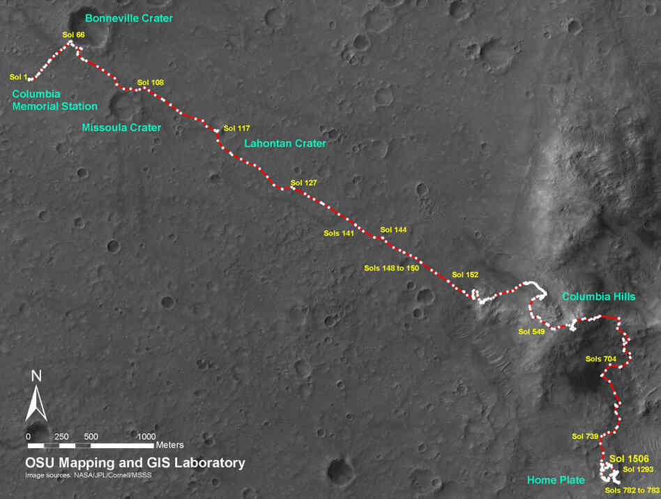 NASA hoped that Spirit would complete a 90-sol mission (90 Mars days). By 2010, Spirit had been operating for more than six Earth years, and had driven 4.8 miles — 12 times the planned distance -- to visit craters and summit a distant hill. This map follows Spirit's path from its arrival in 2004 to Martian day 1506, in 2008. NASA hoped that Spirit would complete a 90-sol mission (90 Mars days). By 2010, Spirit had been operating for more than six Earth years, and had driven 4.8 miles — 12 times the planned distance -- to visit craters and summit a distant hill. This map follows Spirit's path from its arrival in 2004 to Martian day 1506, in 2008.