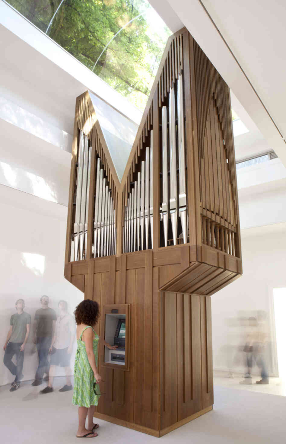 For the installation Algorithm, Allora & Calzadilla rigged a pipe together with a working ATM; the organ only plays music when a transaction is made.