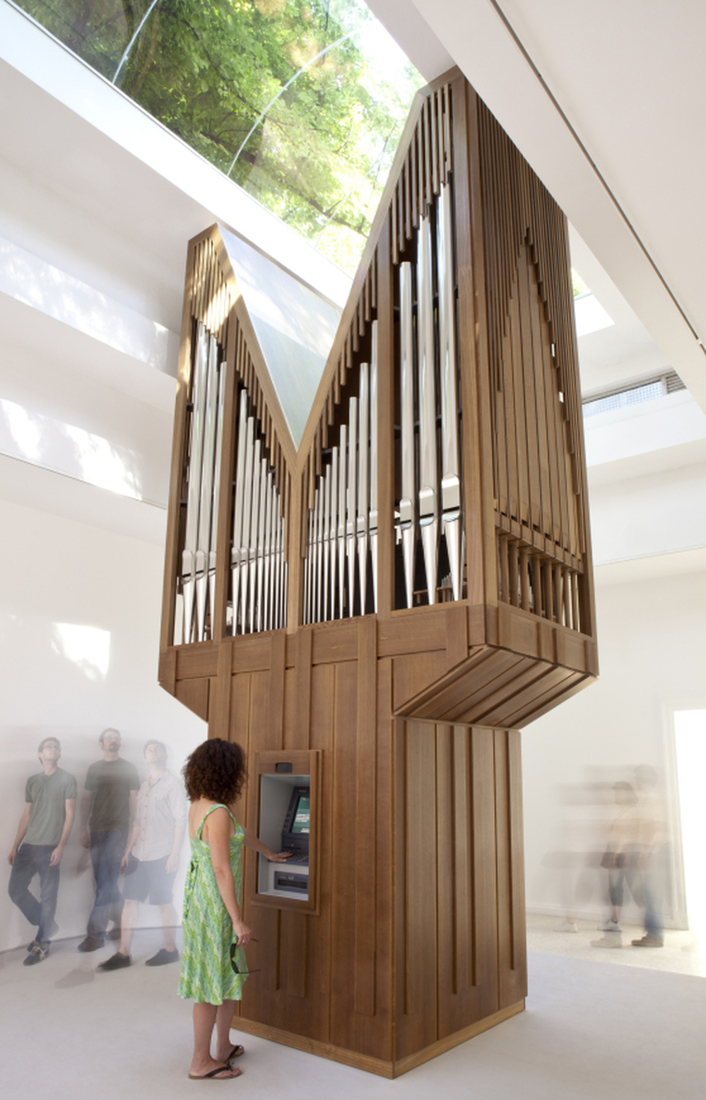 For the installation Algorithm, Allora & Calzadilla rigged a pipe together with a working ATM; the organ only plays music when a transaction is made.