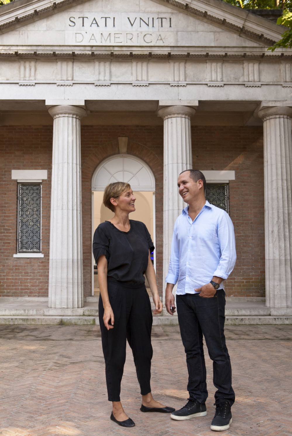 Jennifer Allora and Guillermo Calzadilla outside the U.S. Pavilion at the Venice Biennale.