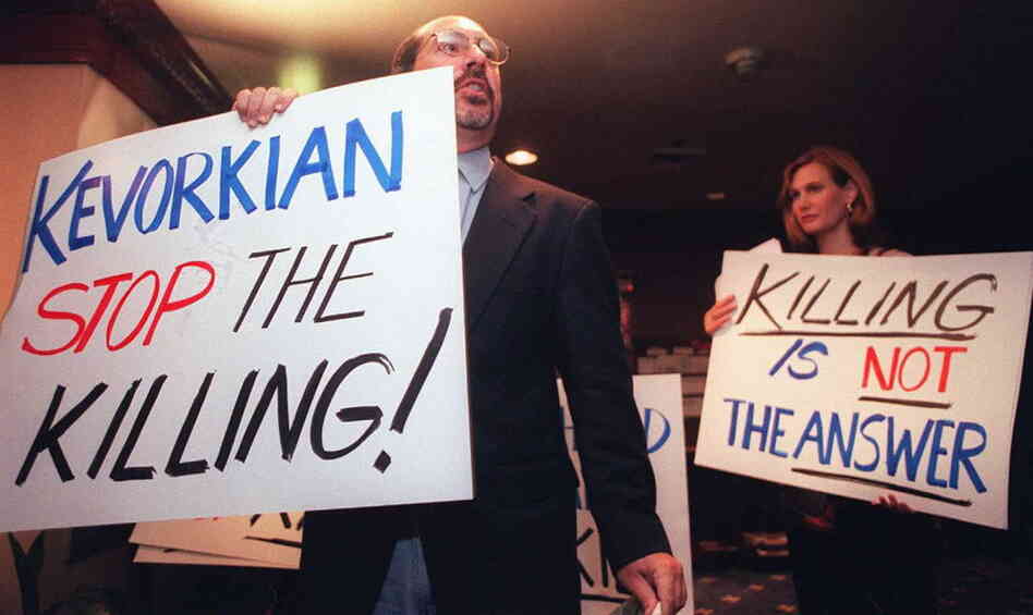 Protesters appeared at the National Press Club in Washington, D.C.,  in July 1996, as Kevorkian addressed a luncheon there. 