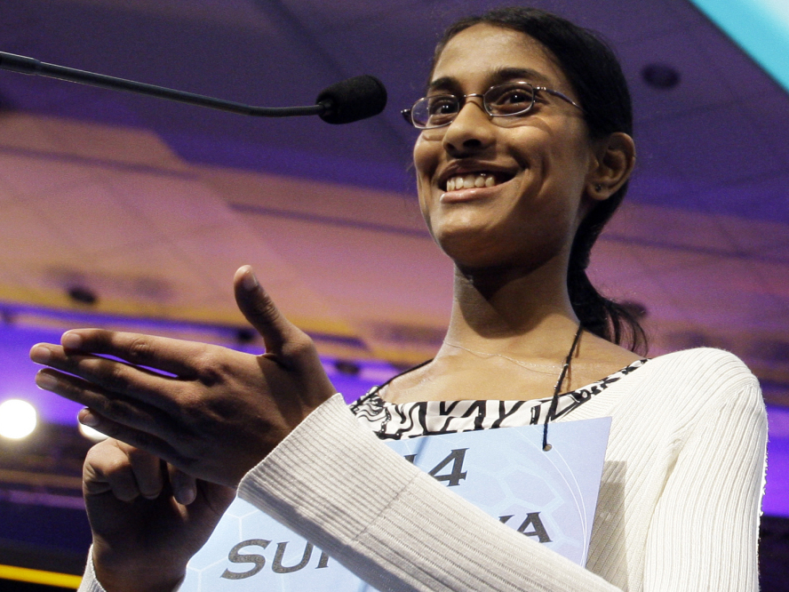 Sukanya Roy, 14, smiles as she finishes spelling "cymotrichous," correctly to win the National Spelling Bee, in Oxon Hill, Md. on Thursday, June 2, 2011.