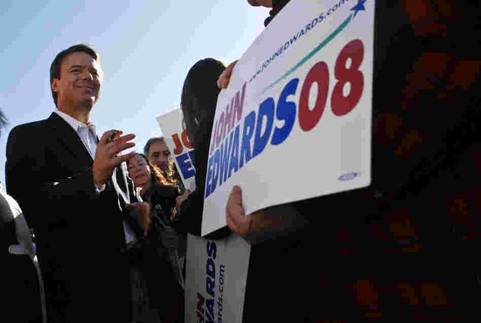 Democratic presidential candidate John Edwards signs autographs after speaking to supporters outside his Las Vegas campaign headquarters on Jan. 18, 2008. 