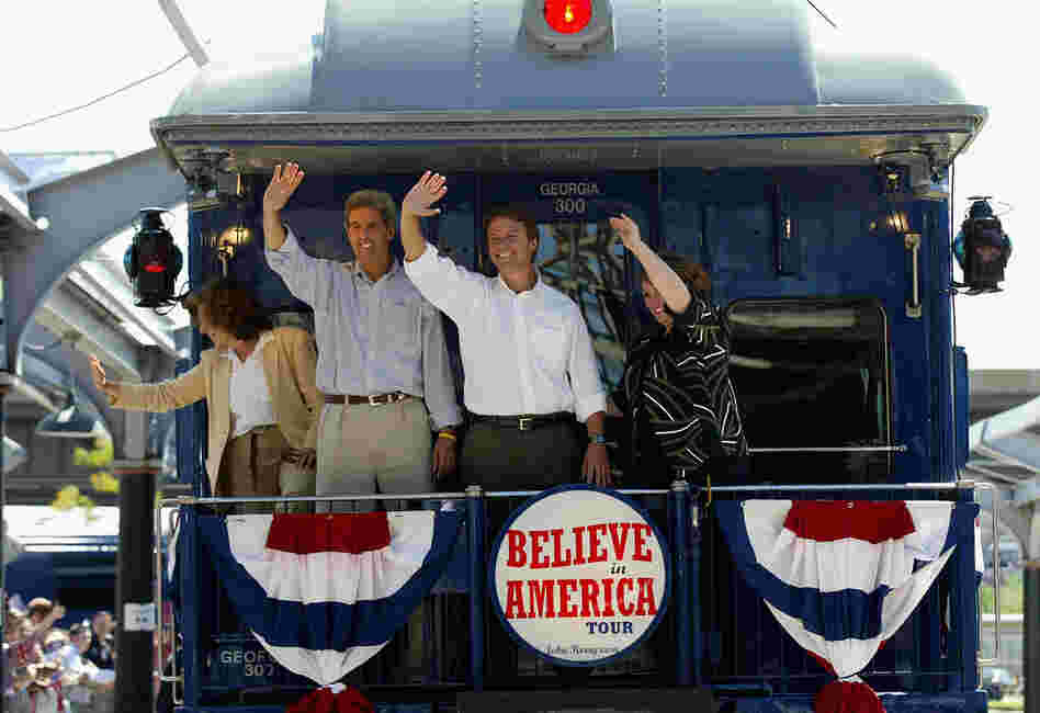 Teresa Heinz Kerry and Sen. John Kerry of Massachusetts join John and Elizabeth Edwards to embark on a cross-country train trip. They set off from St. Louis on Aug. 5, 2004.  