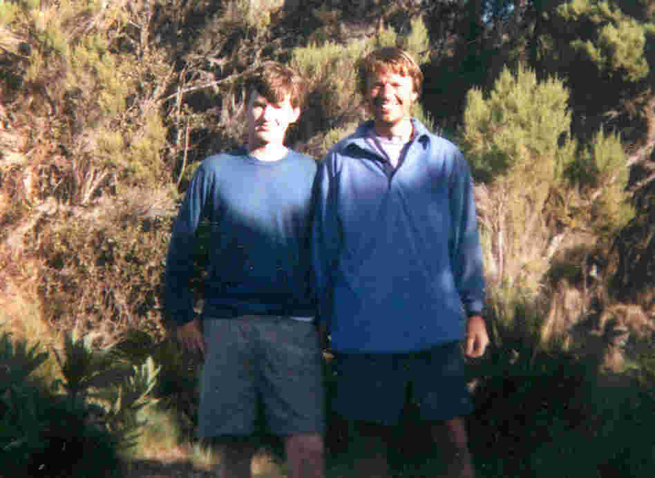 Edwards poses with his eldest son, Lucius "Wade" Edwards, on Africa's Mount Kilimanjaro in 1995. Less than a year after the  trek, Wade died. Wade had encouraged his father to go into politics. 